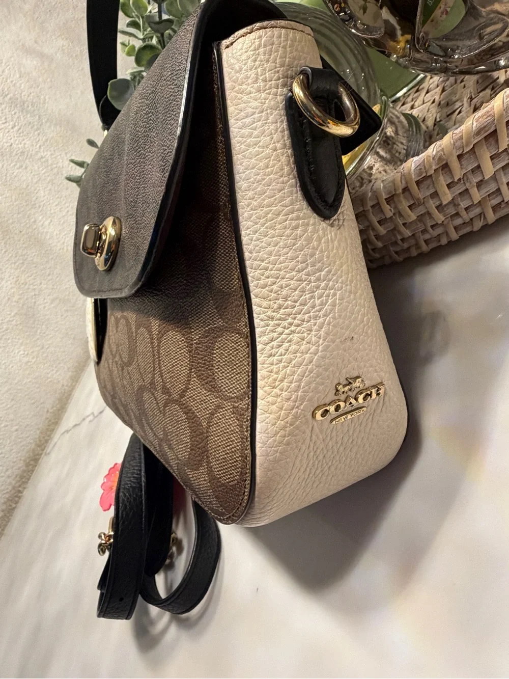 Coach Brown Signature Canvas Satchel with Black Flap and Gold Hardware